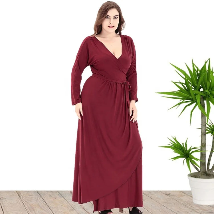 

2020 Newest Design Deep V Neck Full Sleeve Plus Size Wrap Dress For Women