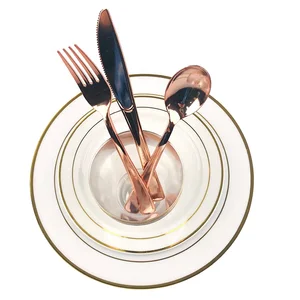 Image of Wholesale Wedding Dinner Gold Disposable Plates Plastic Set