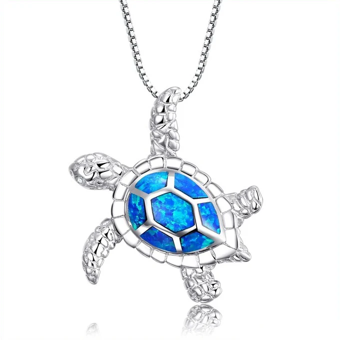 

Fashion 925 Sterling Silver Created Blue Fire Opal Sea Turtle Pendant