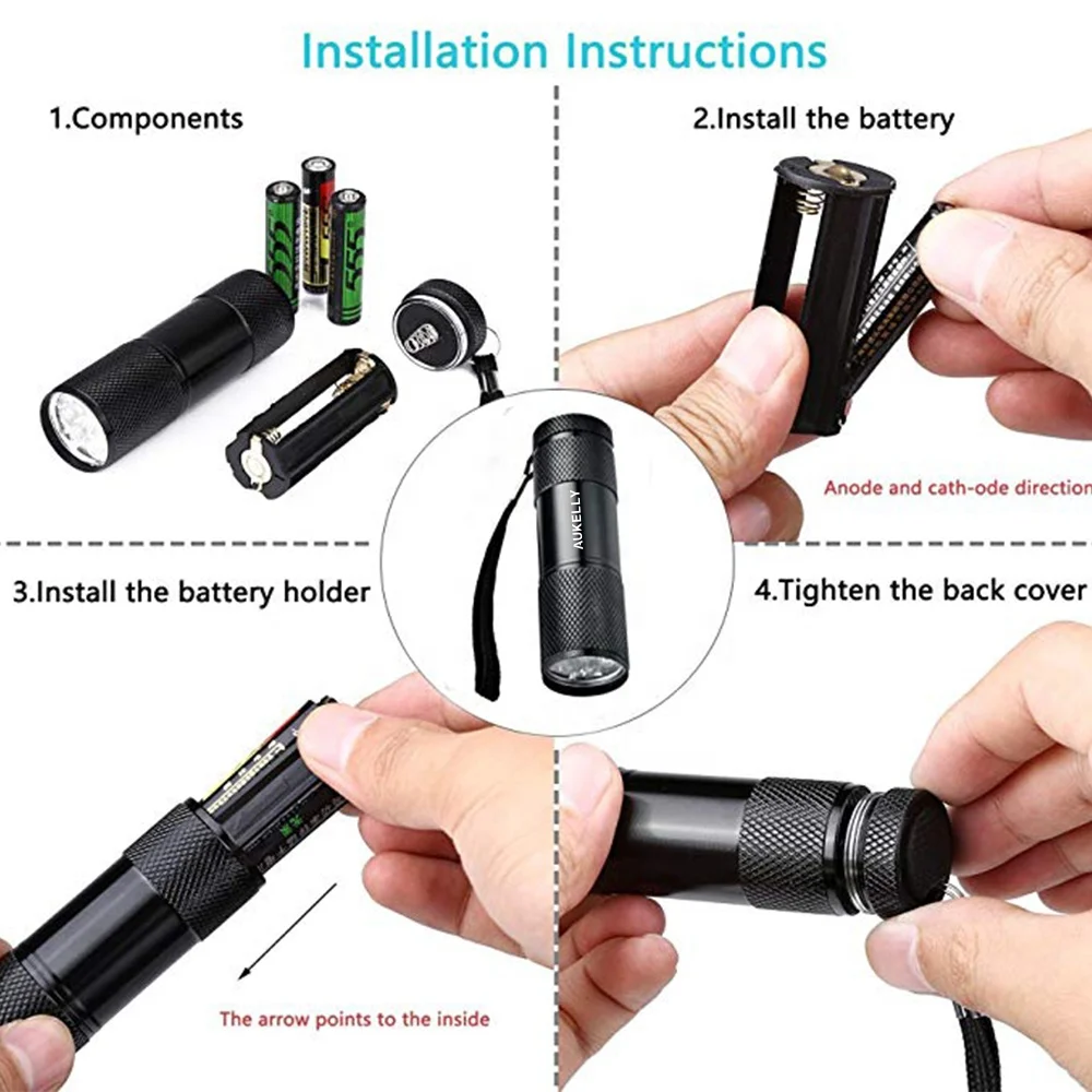 
Aukelly Hunting scorpion 395nm UV Torhlight Ultra Violet LED Flashlight 9 Led UV Flashlight Dog Cat Pet Urine Detector uv torch 