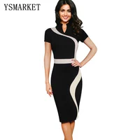 

Womens Dresses Elegant Optical Illusion Colorblock Contrast Patchwork O-Neck Bodycon Work Casual Office Pencil Dress E1530