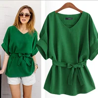 

Summer Women Blouses Tunic Shirt V Neck Big Bow Batwing Tie Loose Ladies Blouse Female Top