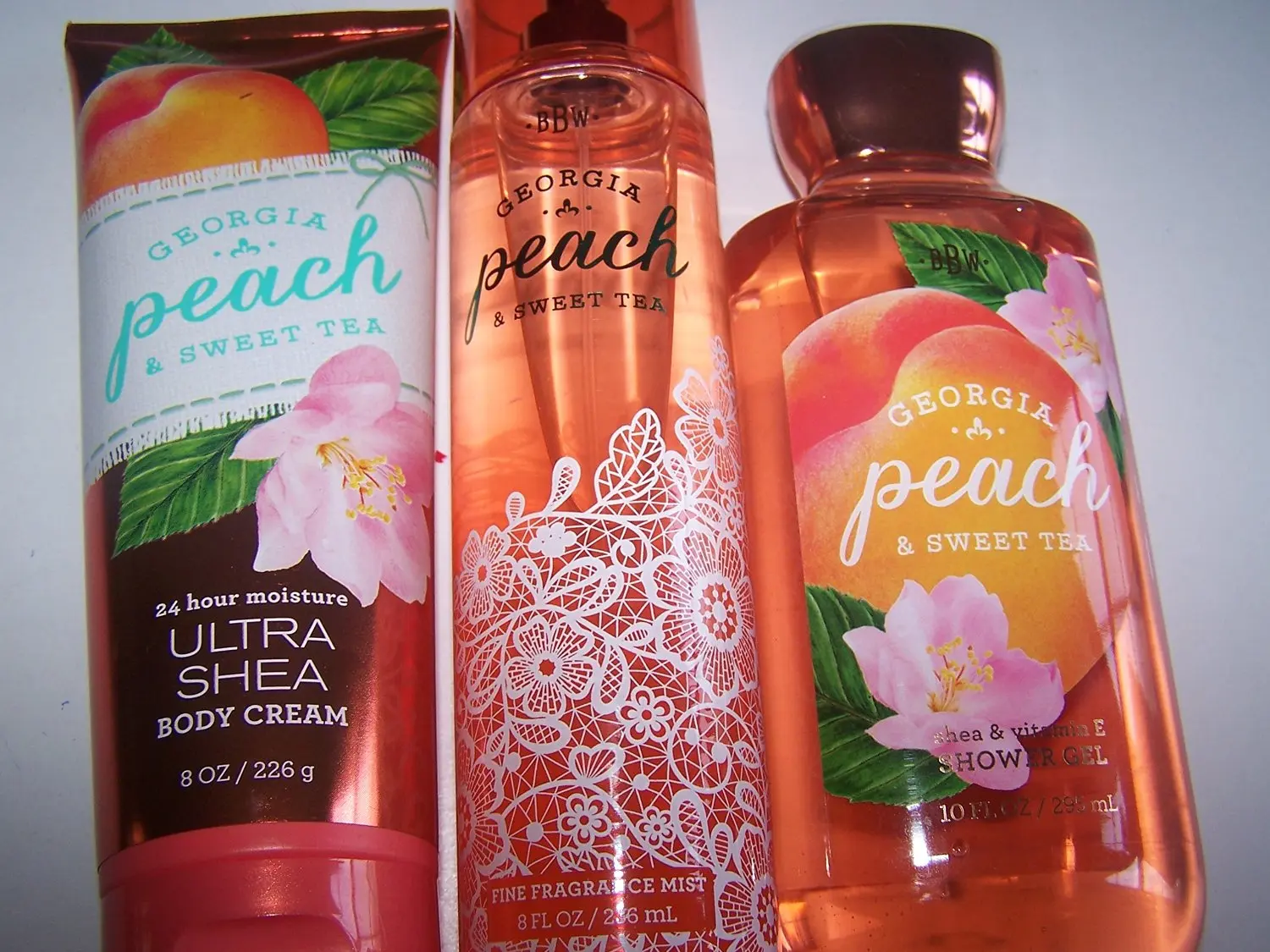 3 Piece Bath & Body Works Georgia Peach & Sweet Tea Fragrance Gift Set- Body Cream, Shower Gel & Fine Fragrance Mist (Georgia Peach & Sweet Tea)