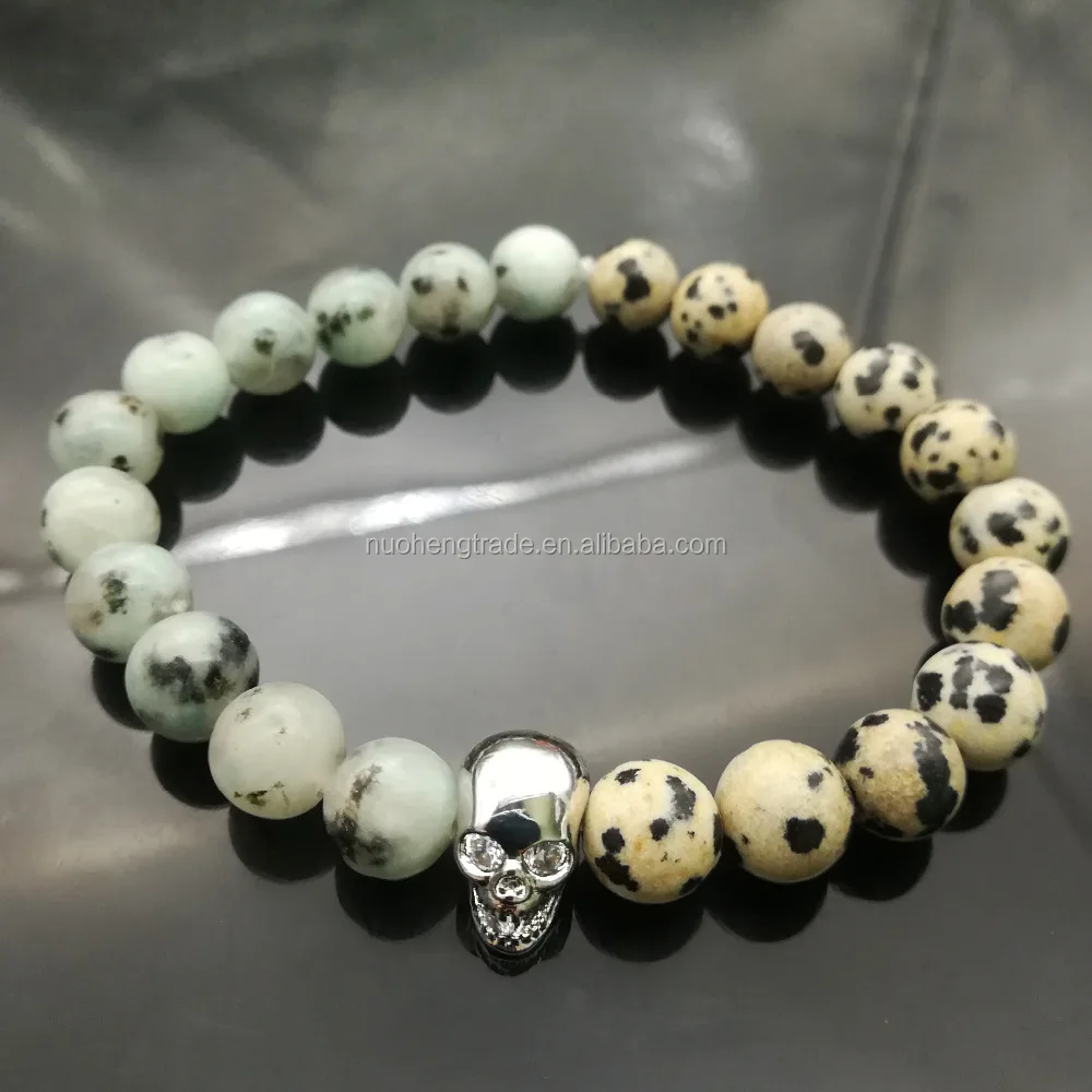 

Fashion Natural stone beaded cz pave crystal skull bracelets for men, White&black&gold&silver