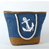 Large Capacity Woman Anchor Printed Blue Canvas and Straw Tote Beach Handbags Summer Cotton Rope Handle Casual Bag