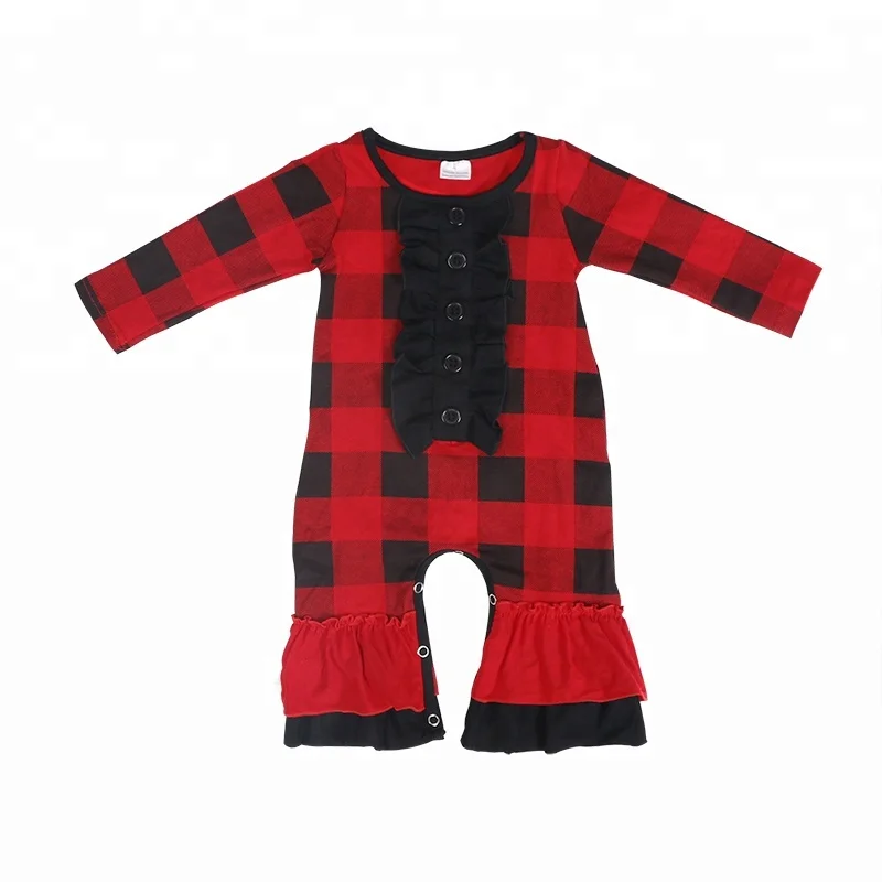 

Long sleeve plaid pattern girls ruffle boutique clothing newborn baby romper, Picture