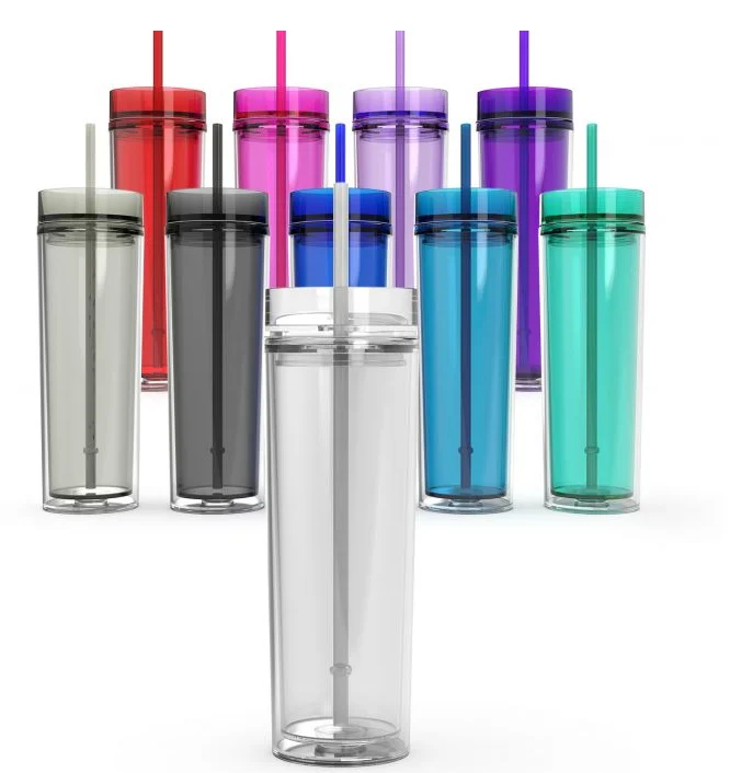 wholesale 16oz/480ml acrylic tumbler lid straw plastic resemble glass bottle clear multi color mug skinny cup Amazon hot sale