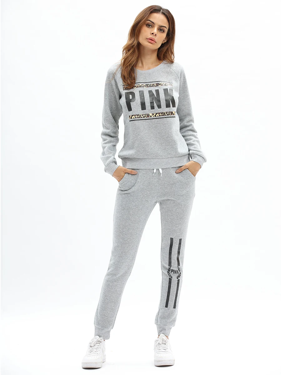 famous high quality cotton women track suit,silk screen pink letters printing female casual sportswear