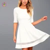 Custom White Rounded Neck Half-sleeves Princess Prom Dress Slim Fitness Mesh Hem Skater Dress