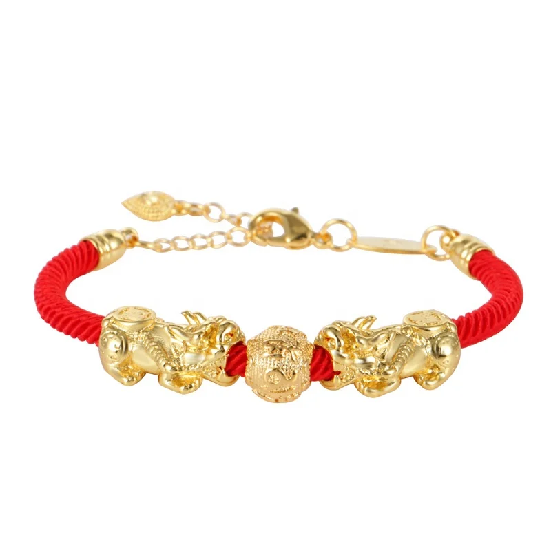 

J2742 Feng Shui Gold Color Lucky Pixiu Red Thread Bracelet
