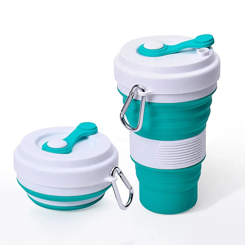 

Wholesale new design reusable 550ml silicone travel folding collapsible coffee cup, Green;fruit green;orange;grey;navy blue;customize.