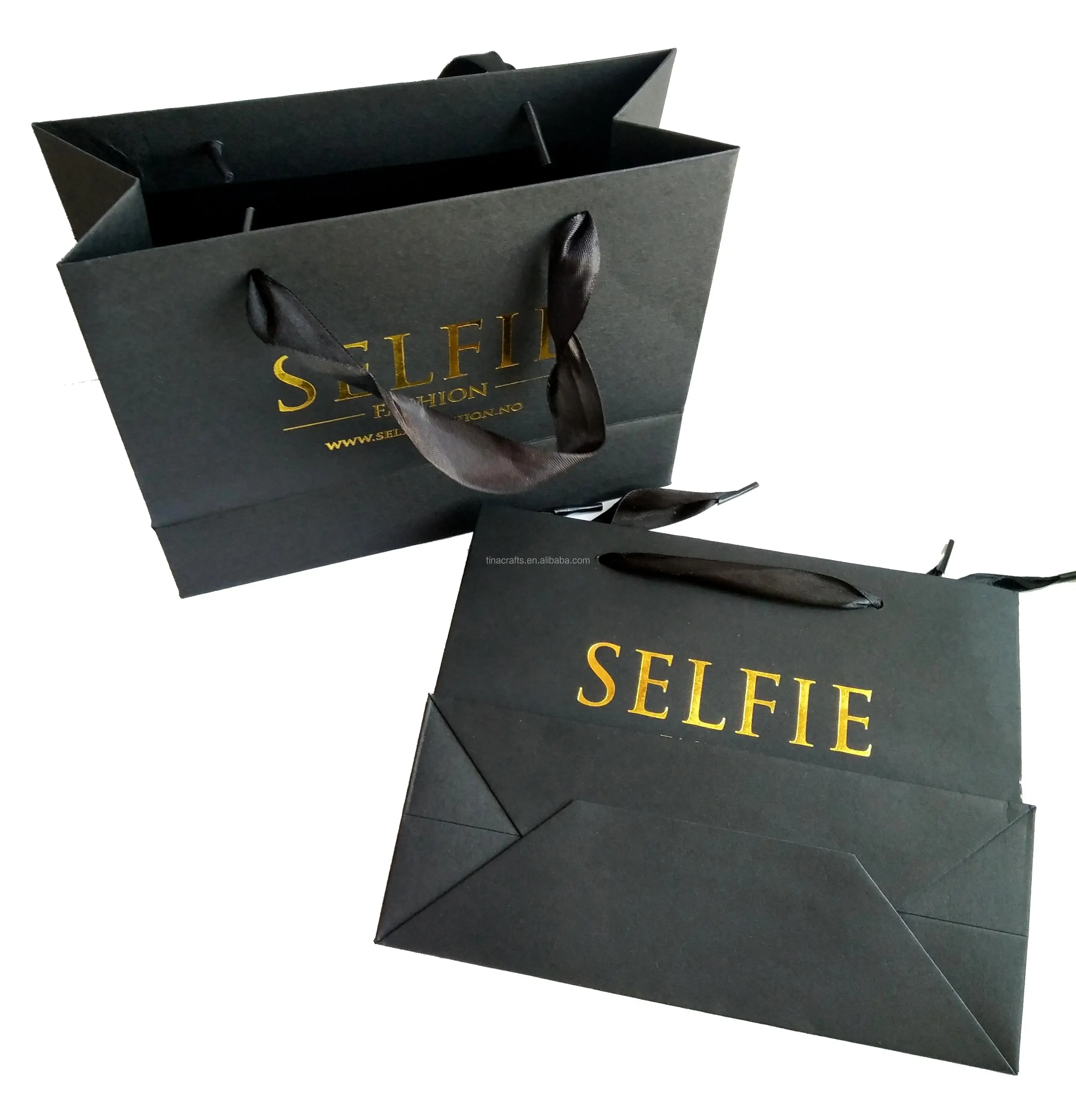 Customized Black High Quality Paper Shopping Bags With Gold Logo And