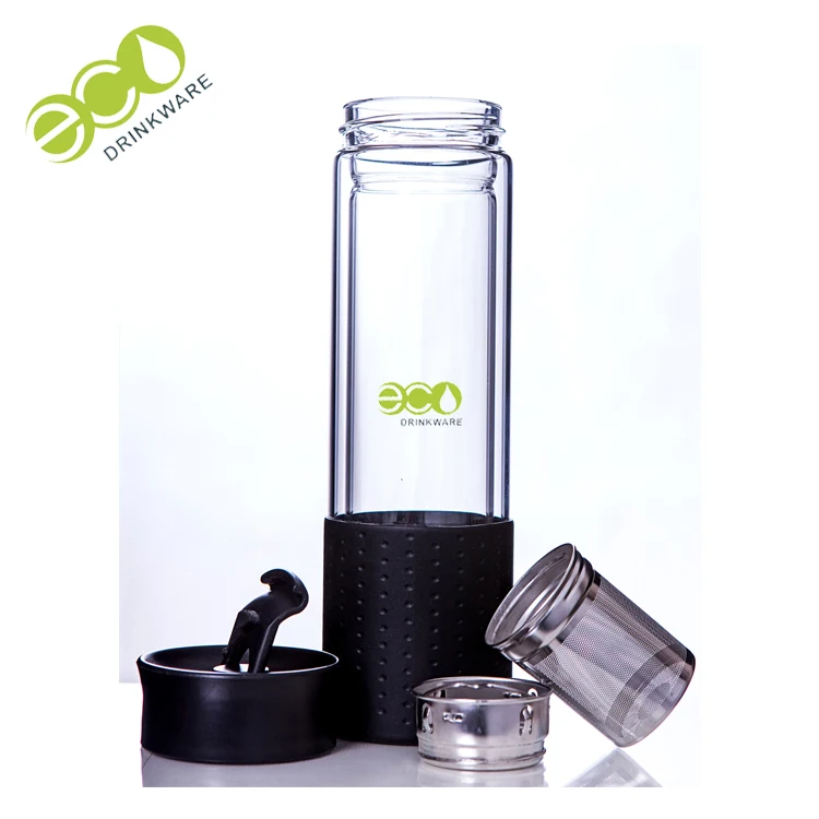 GA6071 flip lid double wall borosilicate glass infuser drinking tea bottle flask tumbler with silicone sleeve
