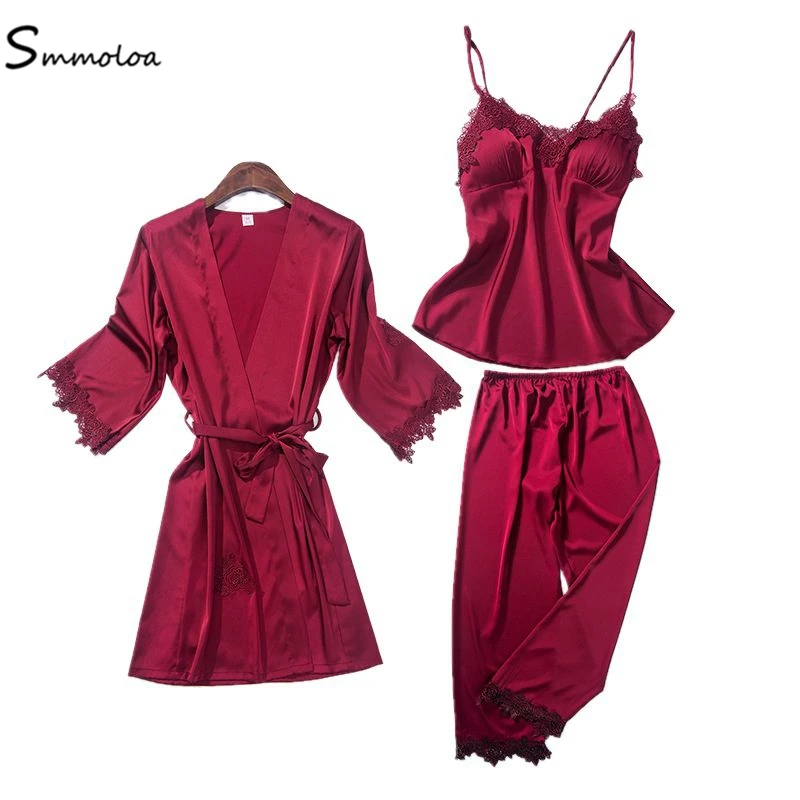 

Smmoloa Silk Pajamas Sets Women Sexy Robes 3-piece Suits women Spaghetti Straps sleep Top+Pants, As picture