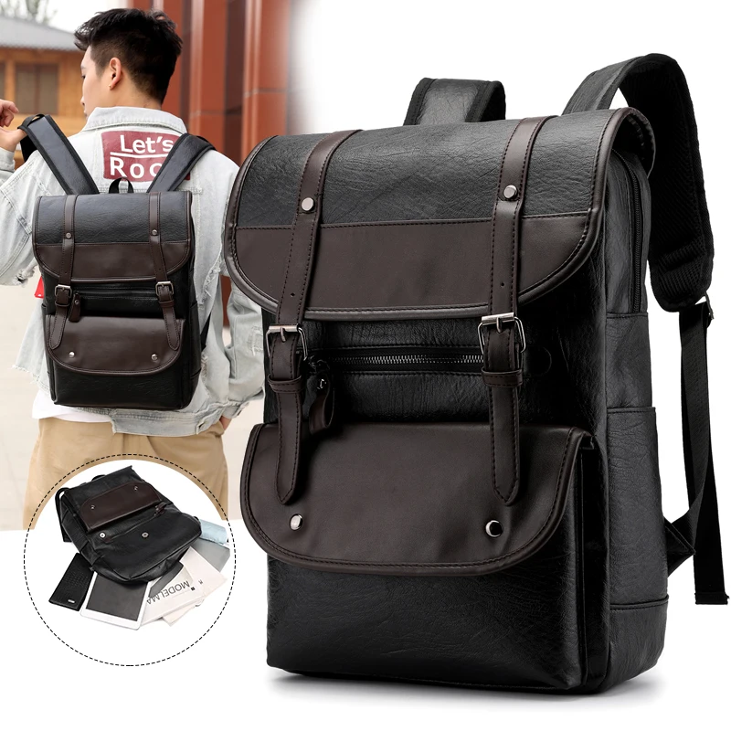 

Factory custom logo men woman unisex vintage plain faux pu genuine leather backpack man women