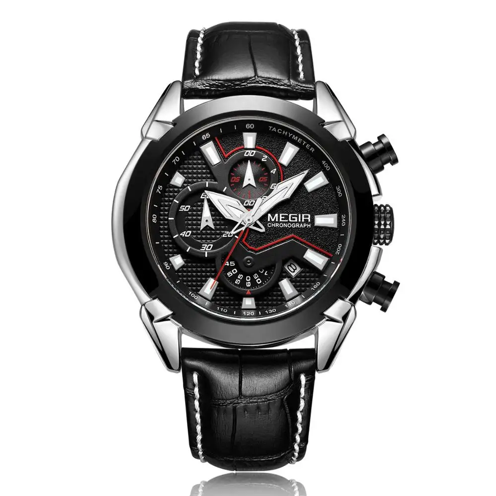 

Megir 2065 Luxury Leather Strap Chronograph Military Quartz Men Watch Fashion Clock Men Relogio Masculino Reloj Hombre, 3 colors to choose