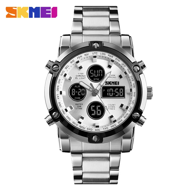 SKMEI Men Quartz Watch Outdoor Sports Digital Watch Countdown Stainless Steel Strap Men Wristwatch Clock Relogio Masculino 1389