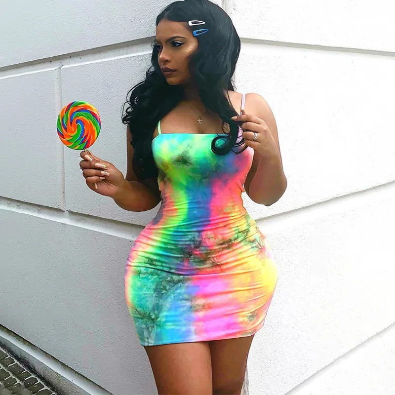 Wholesale summer prom fashion woman sexy casual spaghetti strap body con tie dye dress