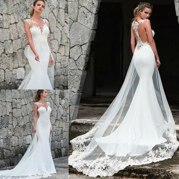 ZH1591X Elegant Appliques Long Modern Princess Romantic See Through Cap Sleeve Mermaid Wedding Dress Lace dress