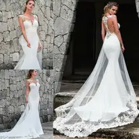 

ZH1591X Elegant Appliques Long Modern Princess Romantic See Through Cap Sleeve Mermaid Wedding Dress Lace dress