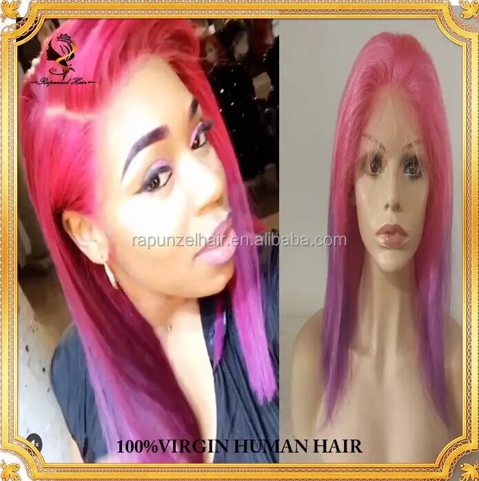 12inch purple pink human hair ombre wig100 brazilian virgin hair full lace wigs can be cut into Bob wig