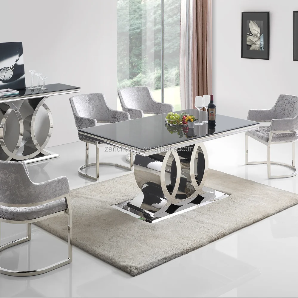 Stainless Steel Home Dining Table Tempered Glass Top Home Living