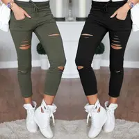 

Women Fashion Hole Skinny Nine Points Pencil Pants High Waist Stretch Slim Trousers Capris