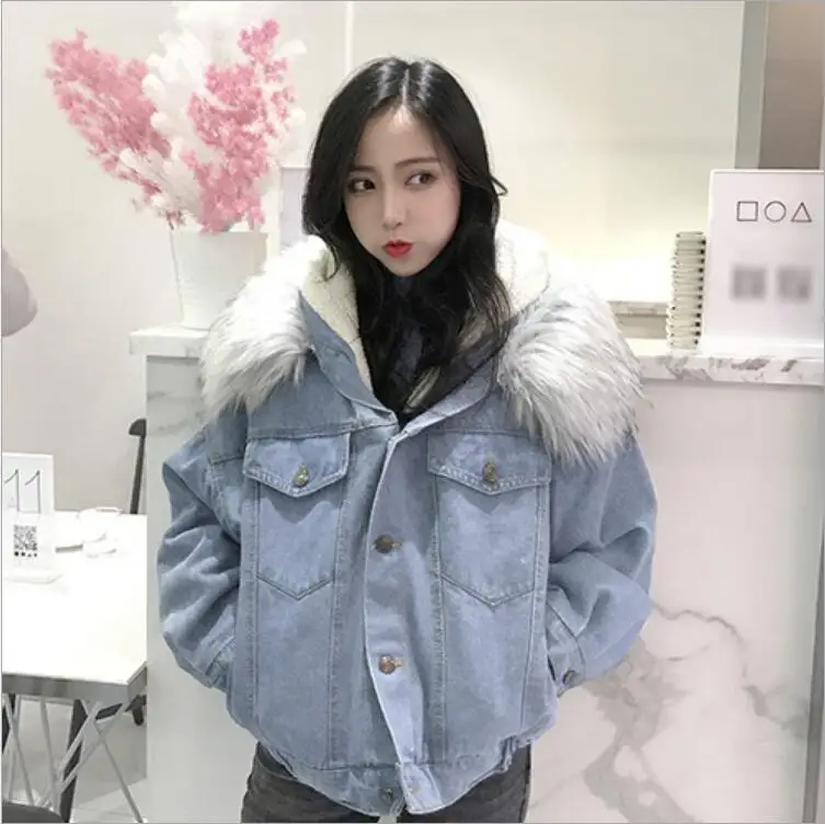 

MNDA031 women denim blue fur hoodie jacket coat, N/a