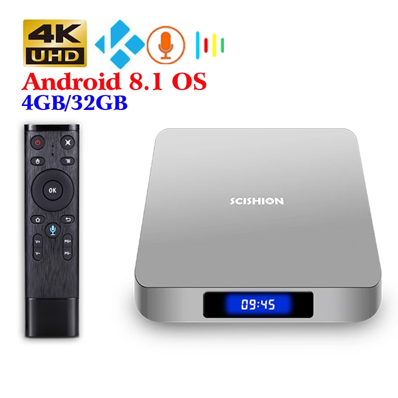 

SCISHION AI ONE Smart TV Android TV Box android 8.1 RK3328 Quad Core 4GB/32GB 2.4G WiFi BT4.0 With 2.4G Voice Remote Control, N/a