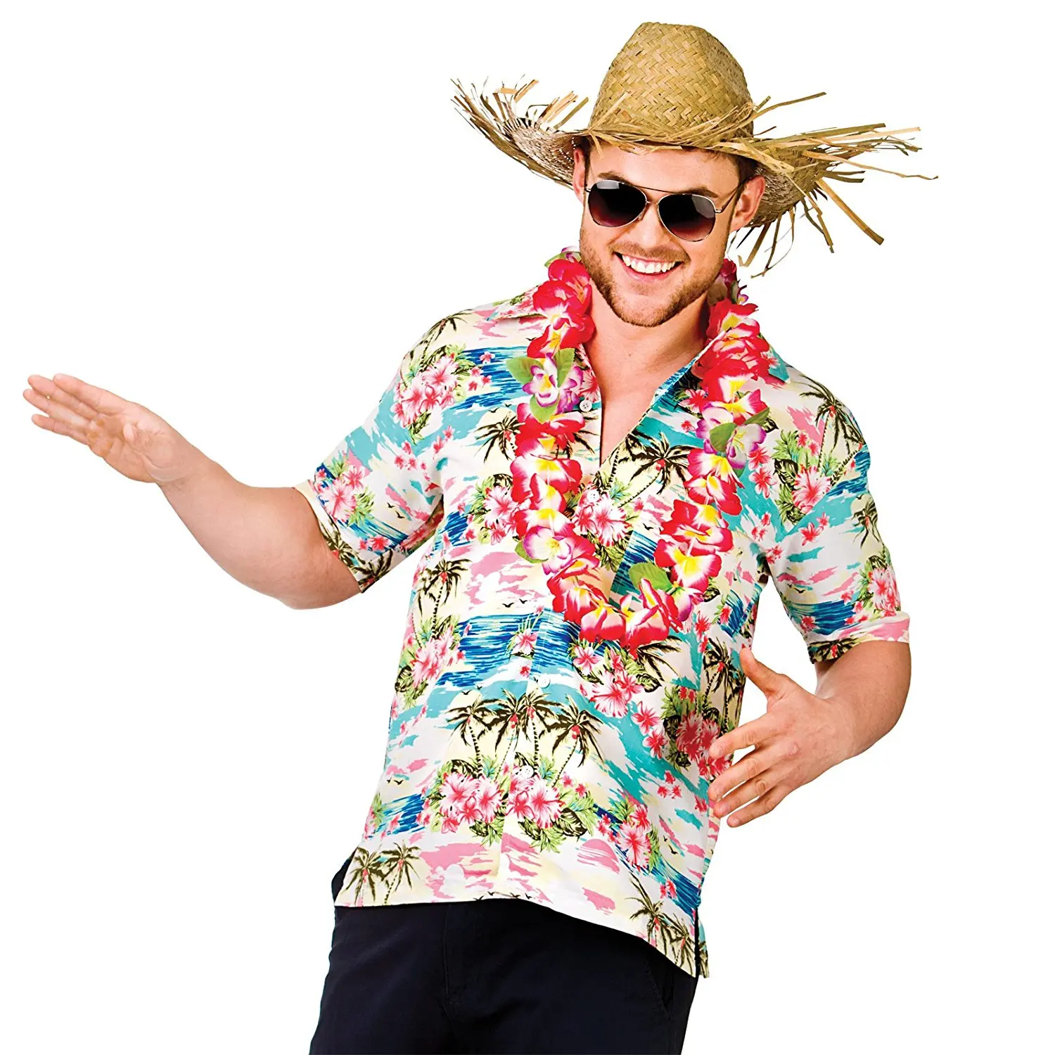 Hawaii Shirt - Pink Flower & Palm Trees (XL) Fancy Dress Stag Costume