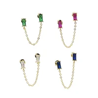 

2 hole tiny baguette cz stud single stone simple double piercing chain earring