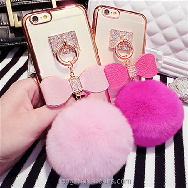 

Cute 3D Bunny Hair Fluff Pompom Keychain Fur Phone Case Back Cover For IPhone 5 5S 6 6S Plus 7 7 Plus cases shell bag, N/a