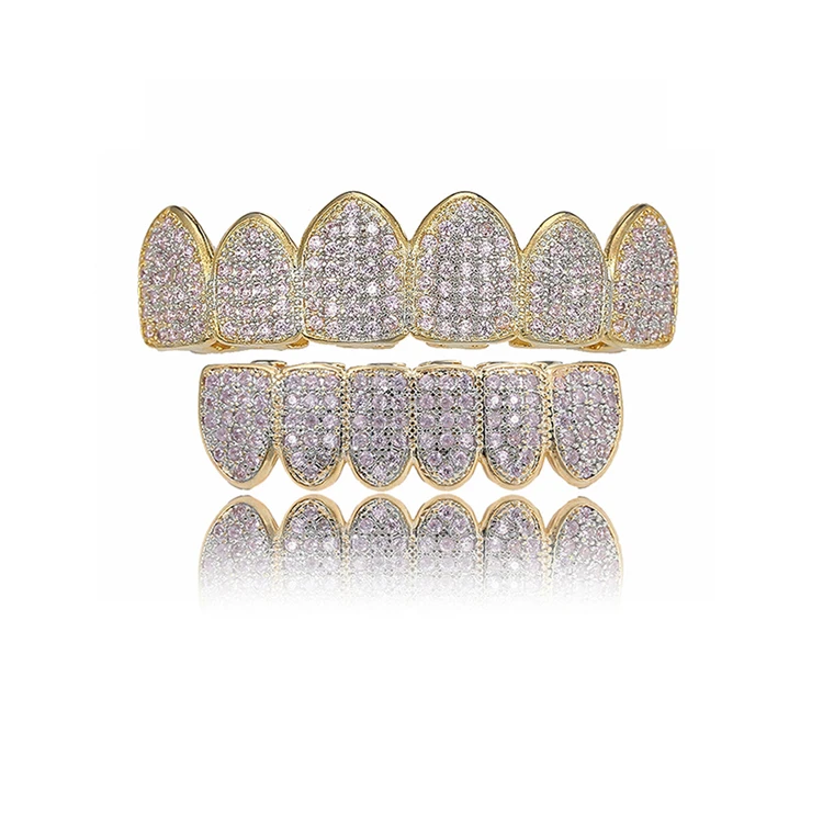 

High Quality HipHop GRILLZ AAA Zircon Fang Mouth Teeth Grillz Caps Top Bottom Grill Set, Gold;pink stone