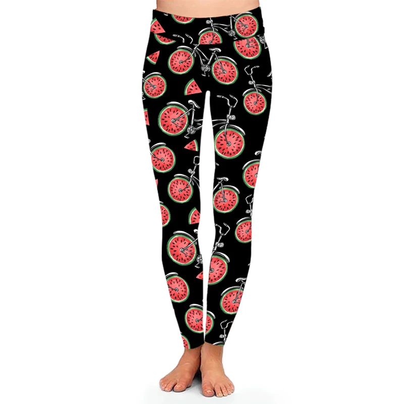 

Factory Direct Sale 92% Polyester 8% Spandex Soft Fabric High Waist Creative Printed Bicycle Watermelon Leggings, As picture