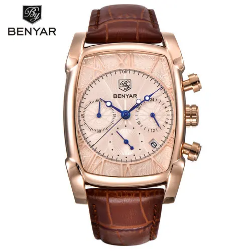 

BENYAR BY-5113M Genuine Leather Strap Luxury Quartz Watches Men Classic Rectangle Case Fashion Sport Chronograph Benyar Watch, 4 colors