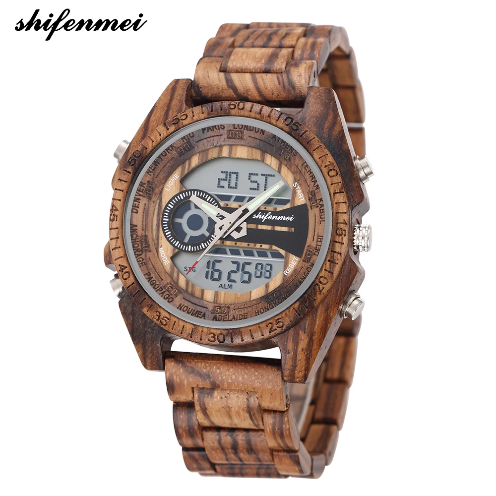 

Shifenmei S2139 Dual Time Movement Men And Women Full Zebra Wood Band Digital Natural Wood Watch