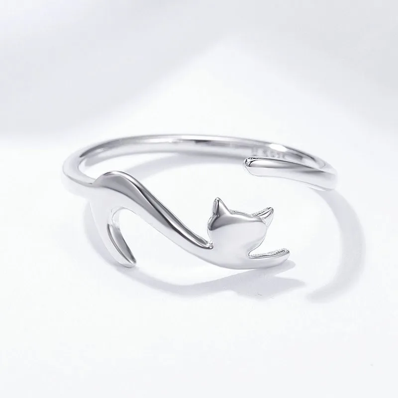 

Adjustable Sticky Cat with Long Tail 100% 925 Sterling Silver Women Ring