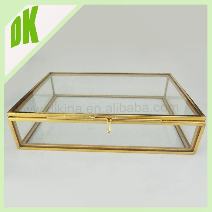Trinket Powder Box Clear Design Glass Black Lid Gold Basket Frame