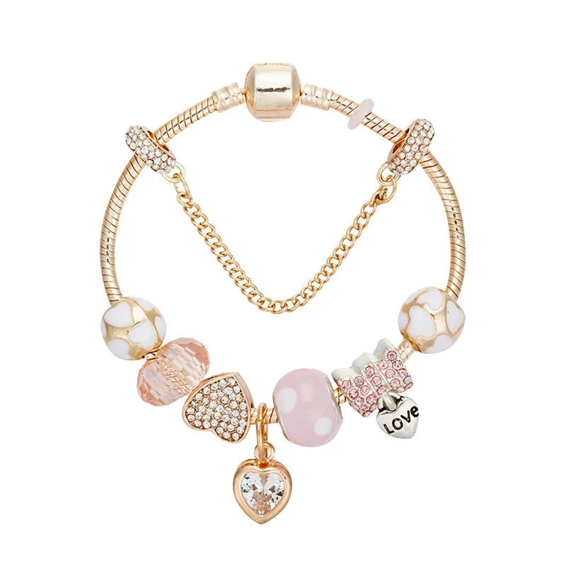 

European DIY Gold Snake Chain Safety Chain Pink Chamilia Beads Bracelet Full Crystal LOVE Heart Charm Pendant Bracelet