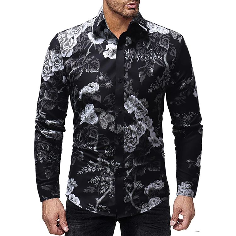 

Men's new fashion trend casual personality Slim lapels flower print long-sleeved shirt