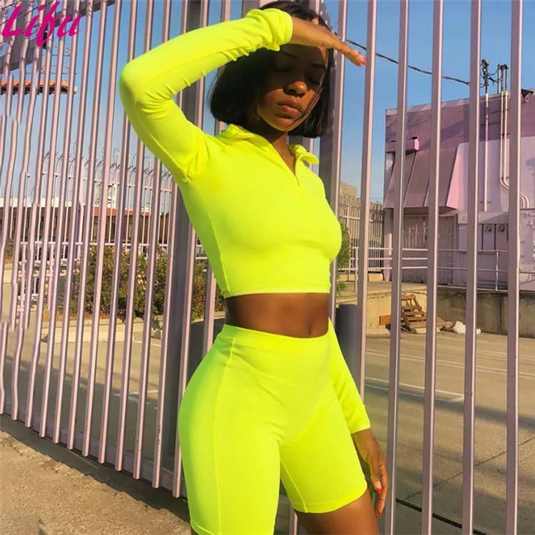 

Lifu Women Yoga Shorts Set Long Sleeve Front Zipper Top Sport Suits Women Cropper Summer Bodycon Two Piece Set, Black/green/pink