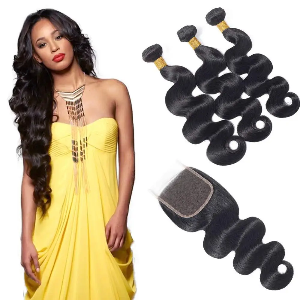 

baoli 2019 hot sale body wave hair bundles with lace closure 4*4,wholesale price human hair cuticle aligned wholesale price