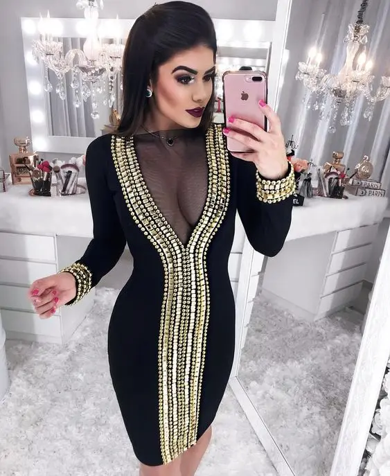 Sexy  Long Sleeve Women's Celebrity Evening Night Club Party Beading Rayon Bandage Dresses