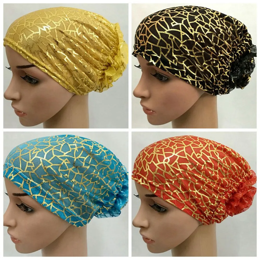 Tulle Fleur D\u0027or Ligne Musulman Hijab Musulman Tête Revêtements Islamique Chapeau Cap de la