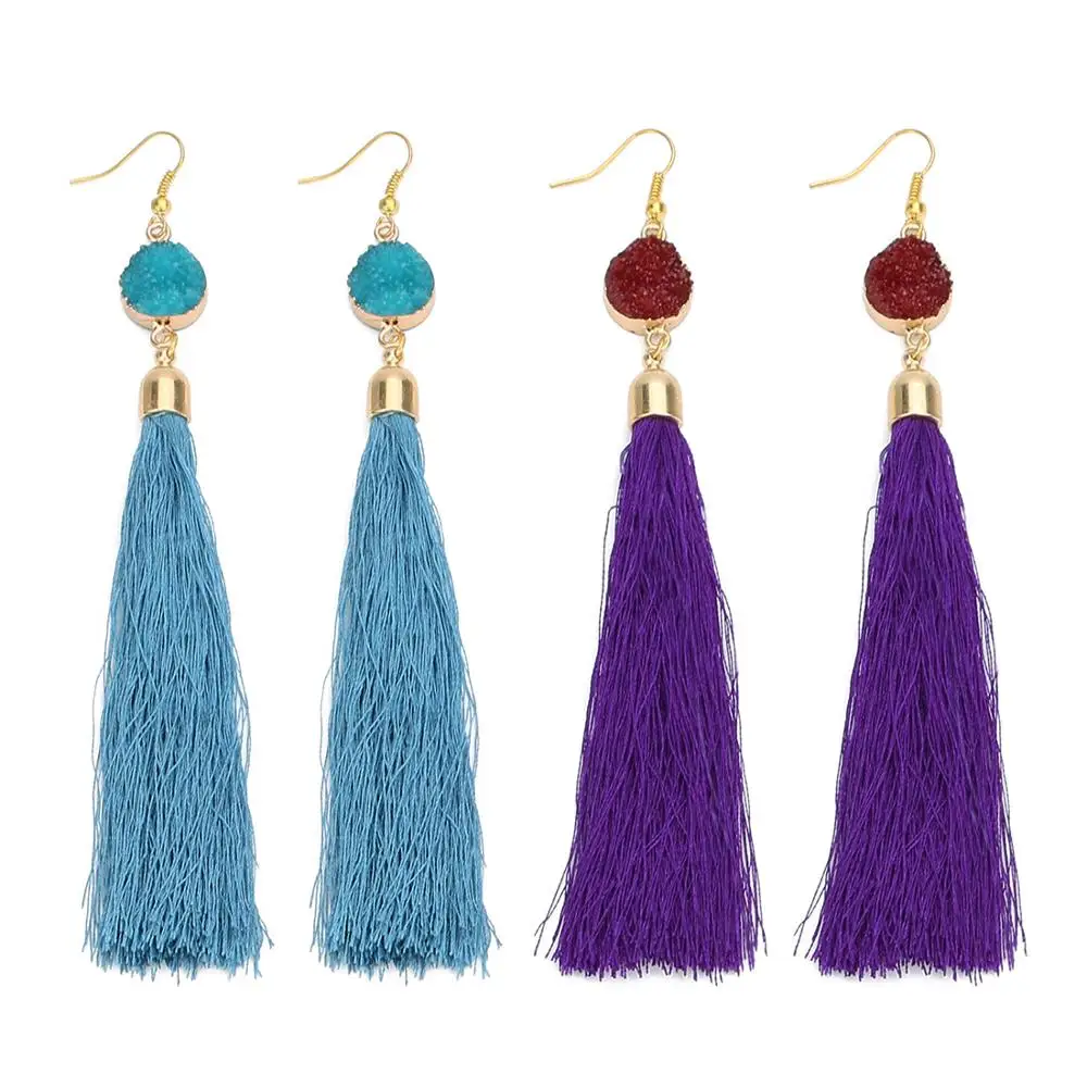 Women Boho Gold Tassel Earrings Fringe Druzy Stone Tassel Statement Earrings