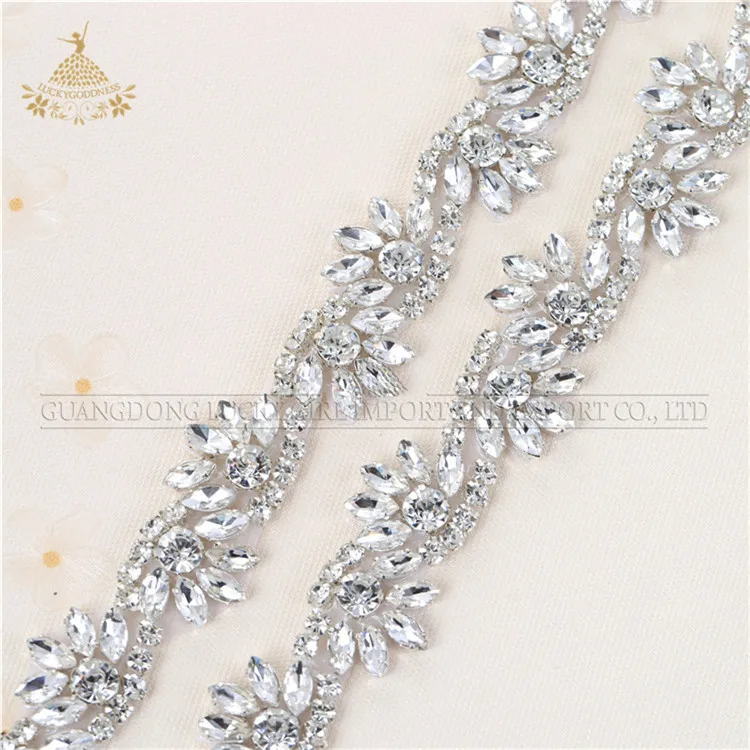 

High quality fancy applique design sash shape beaded silver crystal rhinestone applique trims