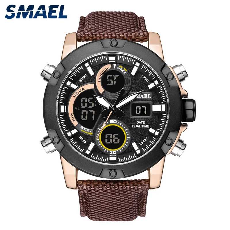 

1325 smael men alloy watch water resistant digital quartz dual display wrist watch, Beige;black;blue;green;coffee