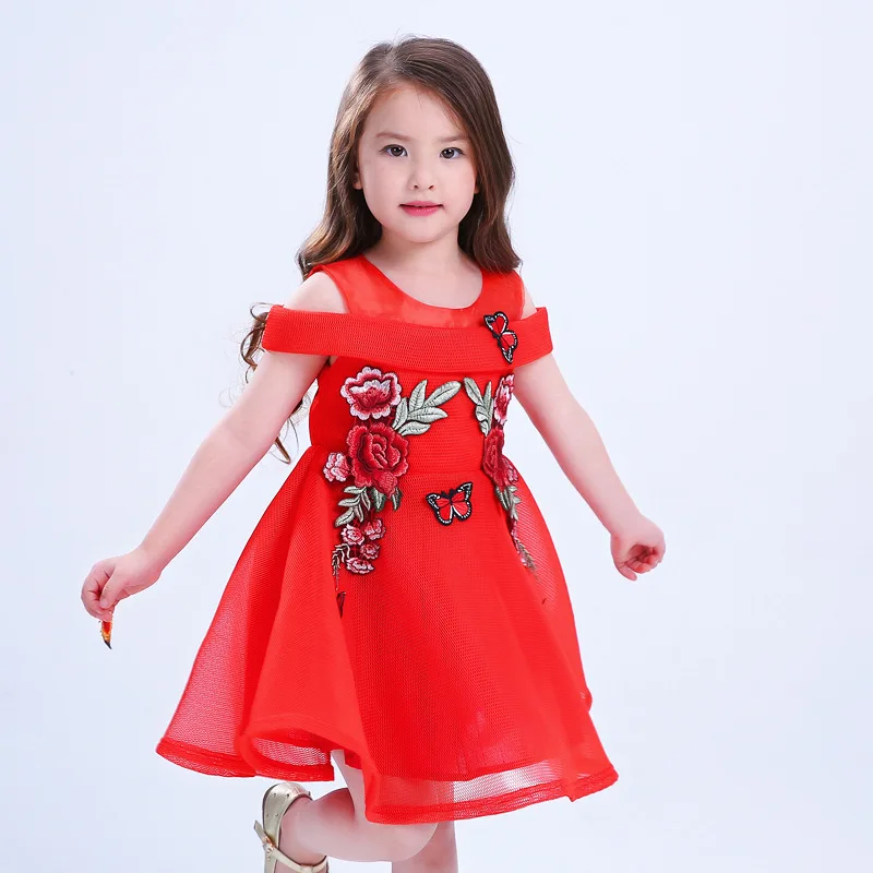 

New Product Of Boutique Clothing Girl Red Color Printed Flower Dress, As picture