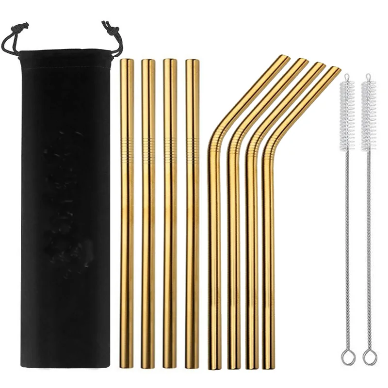 

Eco-Friendly Stainless Steel Straw Metal Straws Reusable Drinking Straws With Cleaning Brusher And Bag Set, Silver / gold / rose gold / black