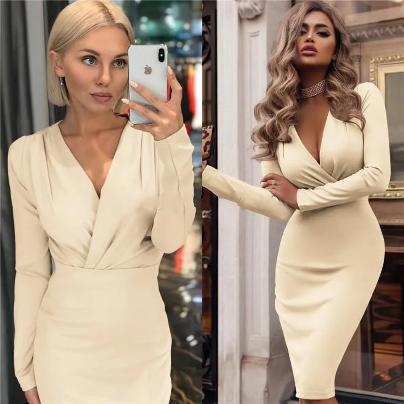 

ZH1124X 2019 New Arrival Women Long Sleeve Dress Winter Sexy V Neck Bodycon Long Dress Women Elegant Midi Party Club Dress, Red/green/beige/white/red wine/black